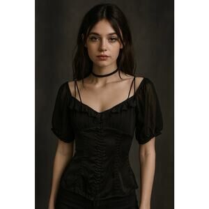 Guess Marciano Black Silk Corset Top Off The Shoulder Y2K Milkmaid Coquette XS